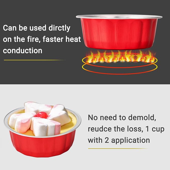 Beasea 8oz Disposable Ramekins, 100 Pack Aluminum Foil Cups with Lids, Baking Ramekin Cup Souffle Cup Muffin Cupcake Baking Cup Mini Pudding Cups for Party Wedding Birthday - Red