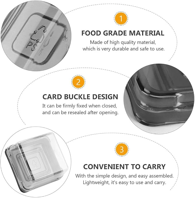 100 Pcs Mini Cake Containers with Lids, 2.75" Square Mooncake Box for 50g Pastry, Clear Plastic Individual Cupcake Holder for Muffin, Egg-Yolk Puff, Dessert Display (Black)