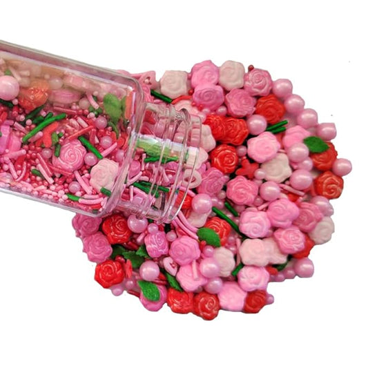 Valentines Rose Hearts Sprinkles Red Pink and Green Sprinkle Cupcake Cake Toppers Edible Cake Decorations