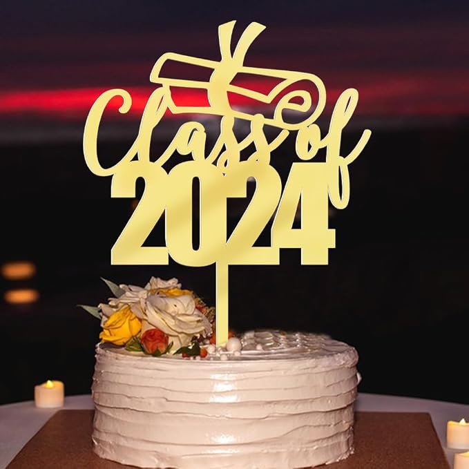 Mirror acrylic Class of 2024 Cake Topper - Congrats Grad Cake Toppers - Gold Glitter Graduation Party Decorations