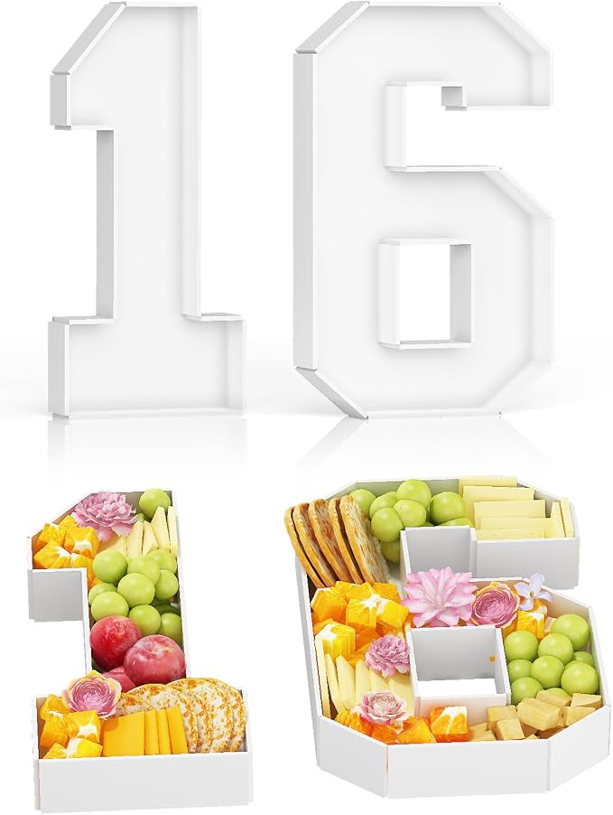 HILAVO Cardboard Number for Charcuterie, 13.7" Cardboard Number 16 Set Fillable Number for Food Paper Mache Number Boxes for Cupcake Candy Sweet 16th Birthday Anniversary Party Decorations