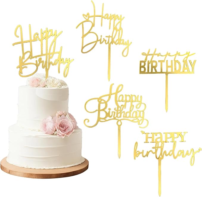 5-Pack Gold Happy Birthday Cake Toppers, Acrylic, Reusable | 5 Unique Designs, No Duplicates, 4.5-6.1", Fits 6-10" Cakes