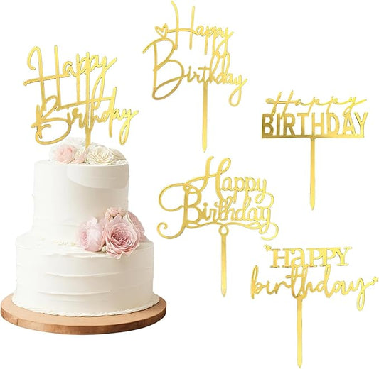 5-Pack Gold Happy Birthday Cake Toppers, Acrylic, Reusable | 5 Unique Designs, No Duplicates, 4.5-6.1", Fits 6-10" Cakes