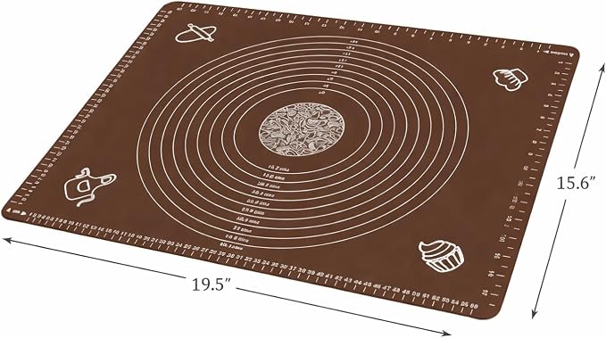 Silicone Baking Mat for Rolling Dough – Non Stick Pastry Mat with Measurement Guide for Fondant, Pizza, Bread, Pie Crust, Cookies & Baking – Reusable Food Grade Silicone Bake Mat Brown