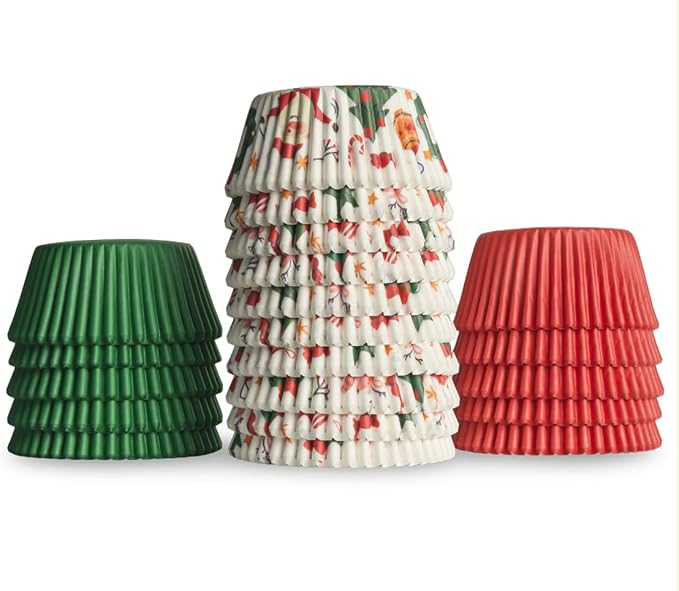 500 Paper Cupcake Liners, Muffin Liners or Baking Cups for Desserts, Muffins, Cupcakes and More Treats; Grease Proof, Food Grade, Nut Serving Containers (Christmas)