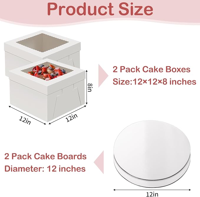2 Pack Cake Boxes with Cake Boards, 12 Inch Tall Cake Box, Disposable Cake Transport Container, White Cake Carrier Holder for Baked Goods Cookies Dessert Pastry Cupcakes Bakery (12×12×8 Inches)