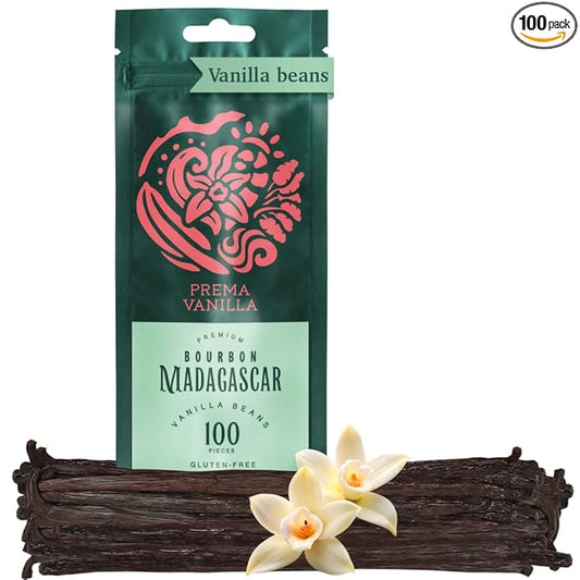 PREMA VANILLA 100pcs Pure Madagascar Vanilla Beans Grade A, Bourbon Pods for Making Homemade Vanilla Extract Premium Fresh Whole Vanilla Bean Best for Baking Cooking & Desserts, Gluten-Free Rich Aroma