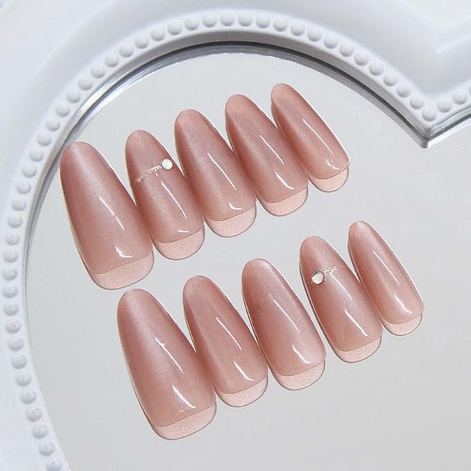 30Pcs French Press on Nails Short Almond ZWENJIE Cat Eye Fake Nails Press ons Nail Tips Stick on Nails Glossy Acrylic Nails Kit False Nails with Light Blue Design Nail Art for Women Glitter Manicure