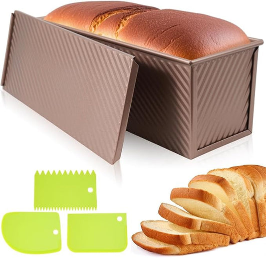 Large Pullman Loaf Pan with Lid, 13 x 4 Inch 2 lbs Non-Stick Rectangle Bread Pan with Lid and Dough Scraper Cutter, Reusable Sourdough Loaf Pan for Homemade Bread & Toast, Rose Gold