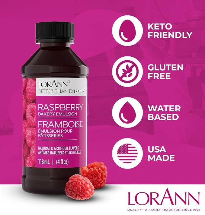 LorAnn Oils Raspberry Bakery Emulsion: True Essence, Ideal for Boosting Fruit Tones in Cakes, Cookies & Desserts, Gluten-Free, Keto-Friendly, Extract Substitute Essential for Your Kitchen, 4 Oz