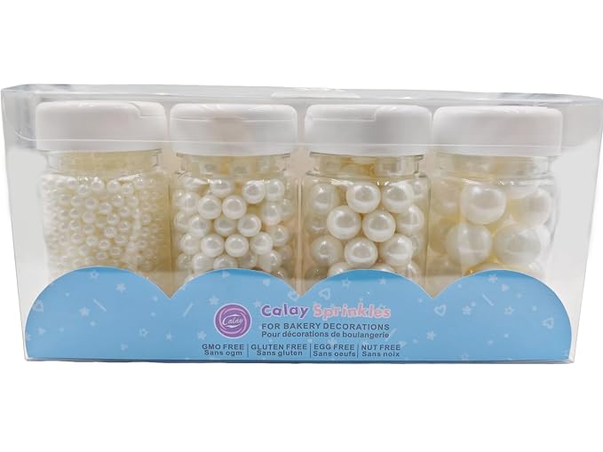 Edible White Pearl Sugar Sprinkles,4,7,10,14mm Candy Pearls Ideal for Baking, Cake and Cupcake Toppers, Cookie Decoration, Ice Cream Topping, Wedding Shower Valentines Halloween Christmas, 8.5 oz