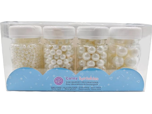 Edible White Pearl Sugar Sprinkles,4,7,10,14mm Candy Pearls Ideal for Baking, Cake and Cupcake Toppers, Cookie Decoration, Ice Cream Topping, Wedding Shower Valentines Halloween Christmas, 8.5 oz
