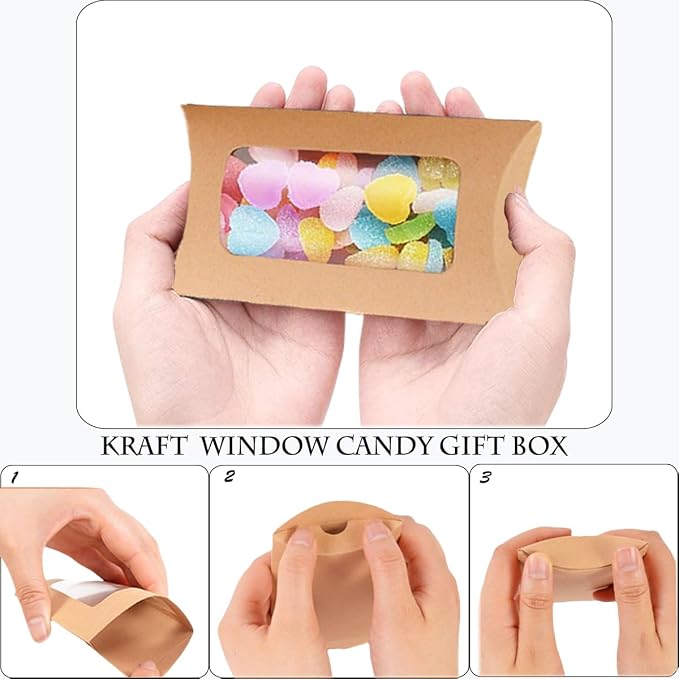 50 Pcs Pillow Gift Boxes with Windows,Kraft Paper Mini Pillow Packaging Box, Creative Favor Box Folding Treat Boxes with Clear Window for Bakery Candy Chocolate Jewelry Display Wedding Party Favor (kraft 50Pcs)
