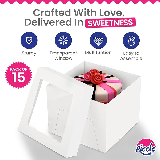 RICCLE 15pcs Cake Boxes, 8x8x8 Inches Tall Cake Box with Window, Large White Bakery Boxes, Baking Boxes, Square Cardboard Cake Box for Multi-Layer Cakes, Cake Decorating Supplies, Valentines Day