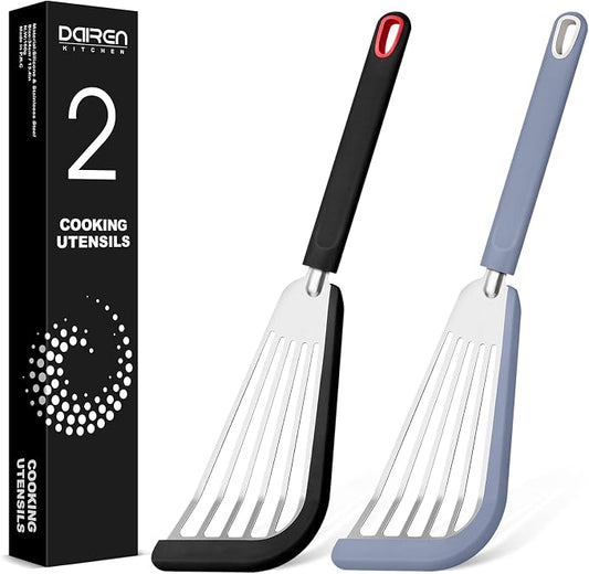 Fish Spatula Turner, Thin Slotted Spatulas for Nonstick Cookware,Silicone Edge Heat Resistant Kitchen Flipper for Fish, Egg, Pancake(Stainless Steel, 2Pack)