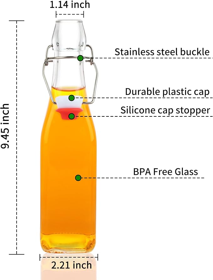 12 Pack 12oz Swing Top Glass Bottles, 375ML Square Bottles with Airtight Stoppers for Kombucha, Kefir, Vanilla Extract, Beer(Bonus Gaskets, Labels and Funnel)