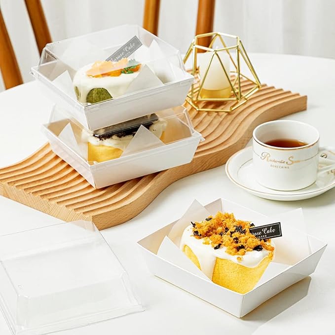 ZORRITA Paper Charcuterie Boxes with Clear Lids, 100 Pack, 5 Inch, White | Square To Go Dessert Containers, Small Bakery Boxes, For Cake, Cookies, Sandwich, Strawberries