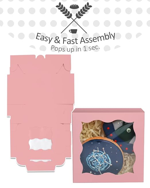 qiqee Pink Bakery Box with Window 4x4x2.5 inch 30Packs Macaron Boxes Small Donut Pastry Boxes for Party Mini Cookie Boxes
