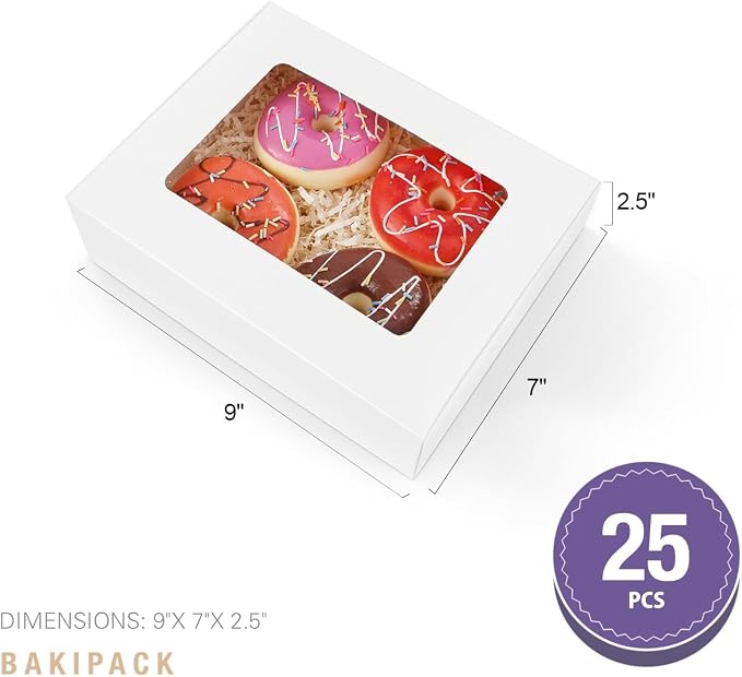 25 White Bakery Boxes with Window, 9x7x2.5 Inches Cake Boxes with Window, Treat Boxes for Small Bakery, Dessert, Candy, Cookies, Pastry, Party Favors, Wedding Cake
