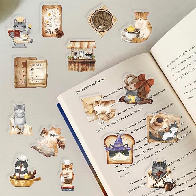 50pcs Cats Coffee Flower Stickers Cute Kitchen Baking Stickers Transparent Recipe Waterproof Stickers Pack for DIY Scrapbook Water Bottles,Laptop,Funny Bakery Themed Party Decorations