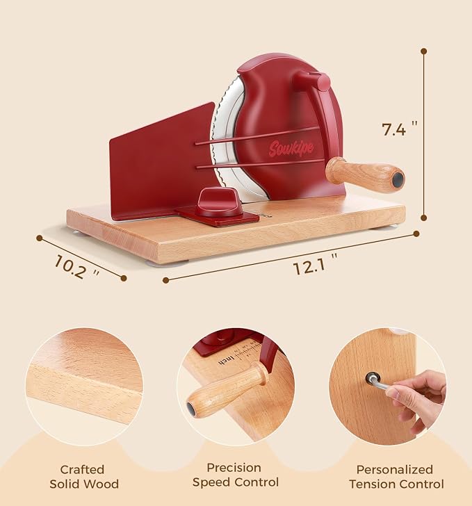 SOWKIPE Upgraded Manual Bread Slicer for Homemade Sourdough Bread, Adjustable Thickness Hand Crank Bread Cutter with Metal Guide, Scale Line, Even Slices, Suction Cups, Cover (Red)
