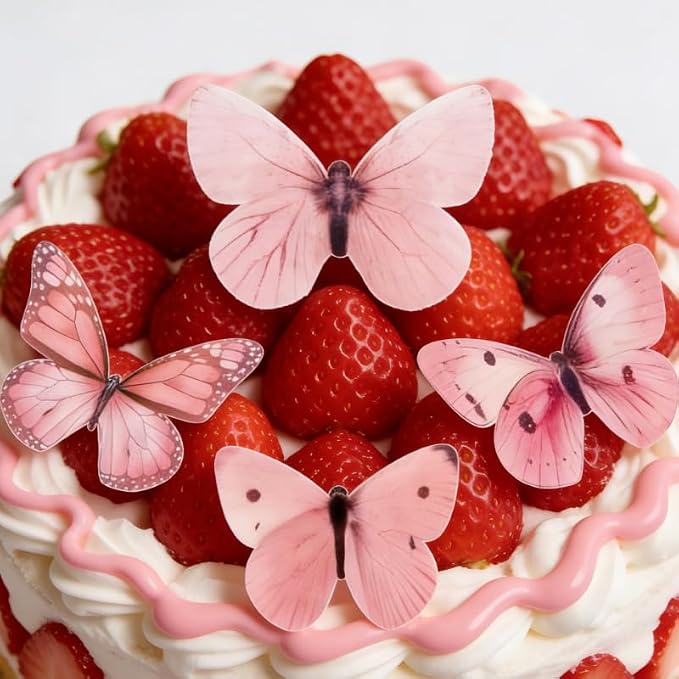 80Pcs Pink Edible Butterfly Cake Decorations Wafer Paper Butterfly Cupcake Toppers Butterflies Cupcake Toppers for Wedding Birthday Anniversary Flower Themed Party Supplies