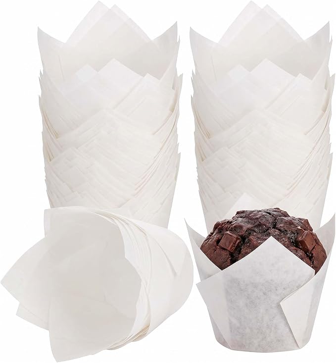 200 Pcs White Tulip Cupcake Liners for Baking, Standard Size | Standard Greaseproof Tulip Muffin Liners for Baking, 3oz White Paper Cupcake Wrappers for Party Wedding Birthday