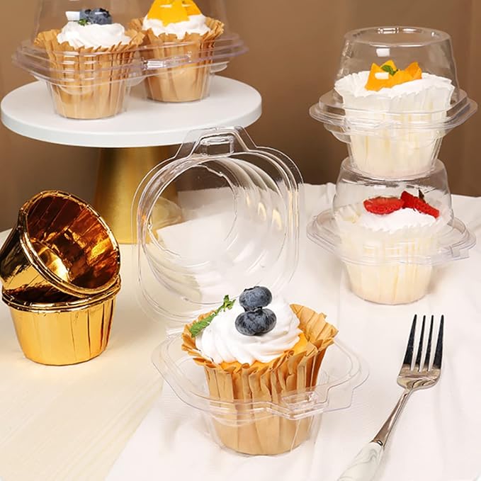 i-CHONY Individual Cupcake Container,100 pcs Cupcake Holder with Dome Lid,Disposable Clear Single Cupcake Holders Cases Boxes for Muffin,Cookies,Desserts,Hot Cocoa Bombs,Mini Bundt Cakes