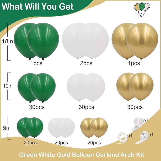 Green and Gold Balloons Garland Arch Kit,154pcs Different Size Emerald Green White and Metallic Gold Latex Balloons for Birthday Wedding Baby Shower St. Patrick's Day Jungle Theme Party Decorations