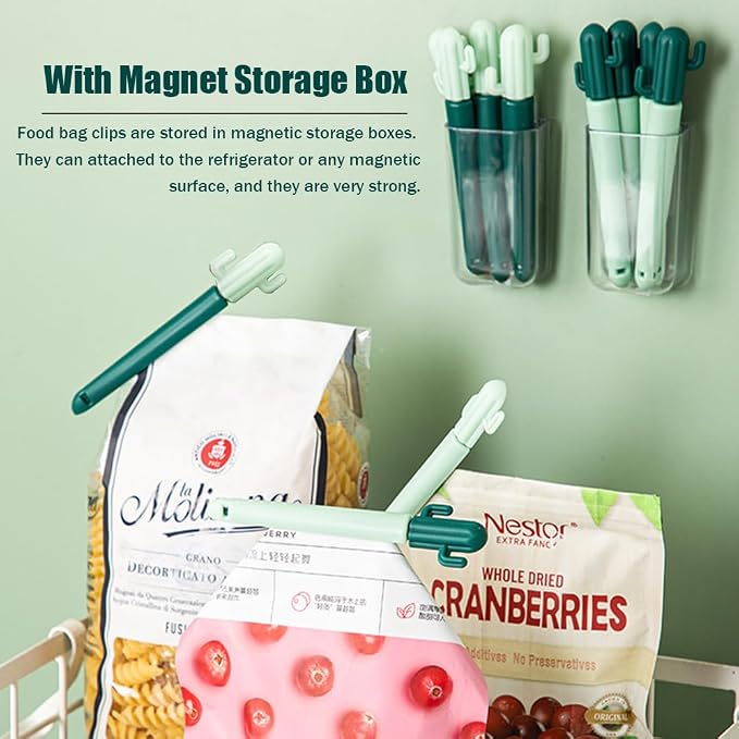 Ouliget Magnetic Refrigerator Sealing Clip,Cute Cactus Shaped Food Packages Clips,Chip Clips with Magnet Storage Box,Kitchen Food Freshness Bag Clip Kitchen Accessories,2 Pieces of 10