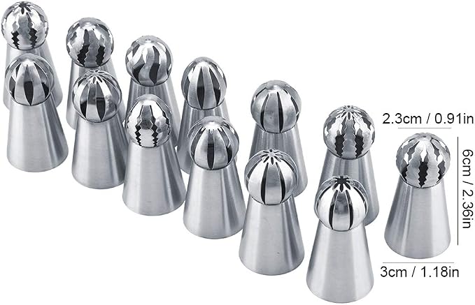 Fdit Russian Piping Tips Set, 13 Pieces, Stainless Steel, Sphere Nozzle, Cake Decorating Supplies
