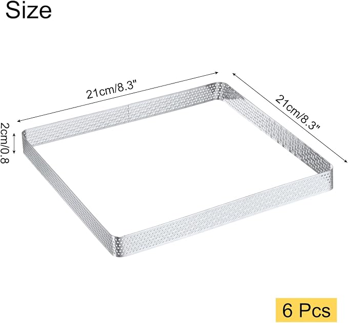 uxcell Square Perforated Cake Rings 8.3 x 8.3 Inch Stainless Steel Cake Pastry Mousse Ring Molds for DIY Cake Dessert Mousse Pastries Baking, Silver Tone