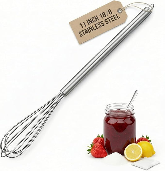 11-Inch Slim French Whisk – 18/8 Stainless Steel Wire Whip with Long Handle – Narrow Stirrer for Mason Jars, Coffee & Cocktails – Small Whisk for Eggs, Sauces, Dressings & Nut Butters