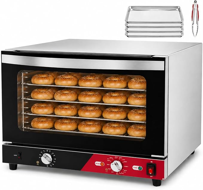 WantJoin Commercial Convection Oven - 1.5 Cu. Ft. Countertop Oven for Half Size Pan, 1800W, Front Tempered Glass Door, 3580RPM Fan, Stainless Steel for Restaurant Coffee Shops
