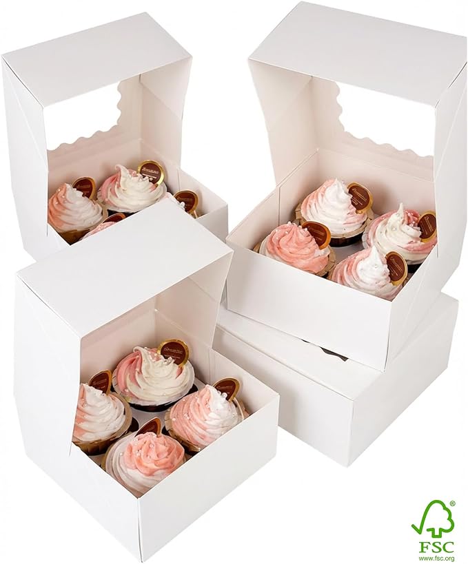 qiqee Auto-pop Up Cupcake Boxes with Window White 100PCS 4 Count Cupcake Box 6.3"x6.3"x3" Cupcakes Carrier, 4 Cupcake Containers