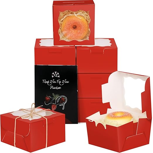 qiqee Red Bakery Boxes with Window 55pcs 4x4x2.5 Mini Cookie Boxes Macaron Boxes Small Donut Pastry Boxes for Party