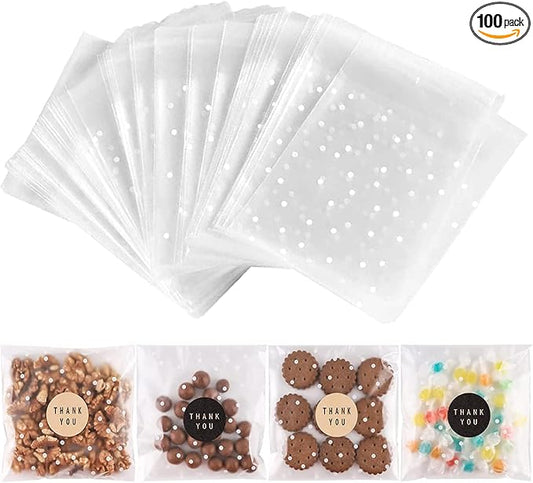 NPLUX 100 PACK Self Adhesive Cookie Bags Cellophane Treat Bags Thank You for Gift Giving Candy with Stickers, Party Favor Graduation Gift Bags(White Polka Dot, 5.5x5.5 INCH)