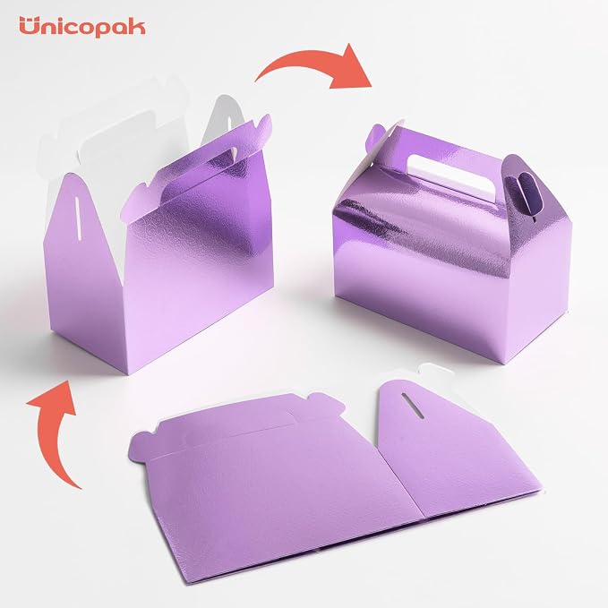 UnicoPak 30 Pack Purple Party Favor Bag Boxes, Gable Gift Boxes for Treats Goodies Cookies Candies, Ideal for Purple Party Favors, Theme Birthday Party, Valentine's Day, 6.5x3.5x3.5 Inches