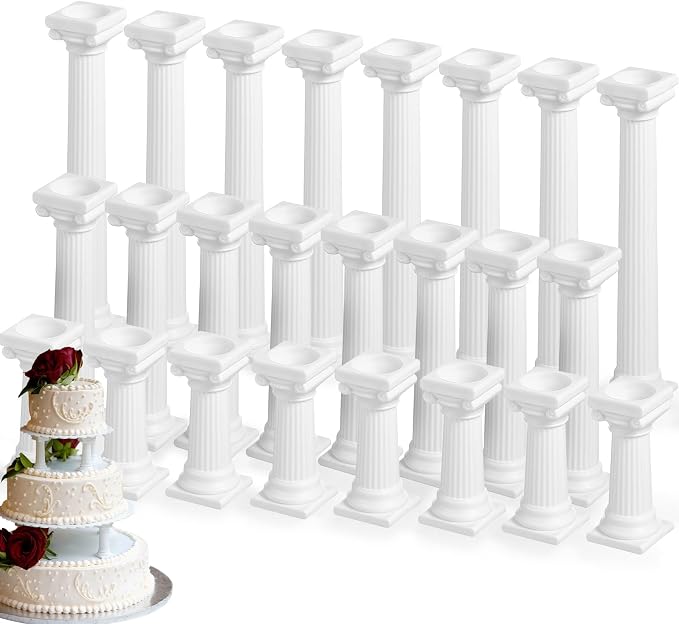 Suclain 24 Pcs 3 Size Fondant Cakes Tier Separator Support Stand Roman Column Cake Tiered Stands Multilayer Pillars Oman Column Wedding Decoration Support Tool Sets for Wedding Cupcake Display