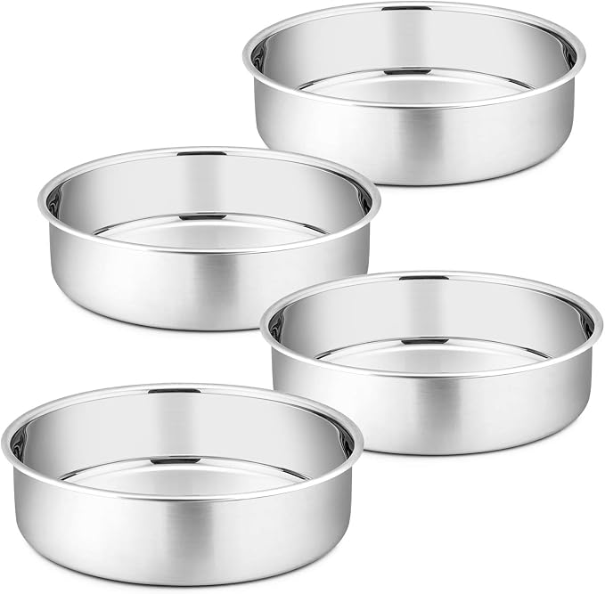 P&P CHEF 8 Inch Cake Pan Set of 4, Stainless Steel Baking Round Cake Pans Tins Bakeware for Birthday Wedding, Leak-proof & Easy Clean, Mirror Finish & Easy Releasing