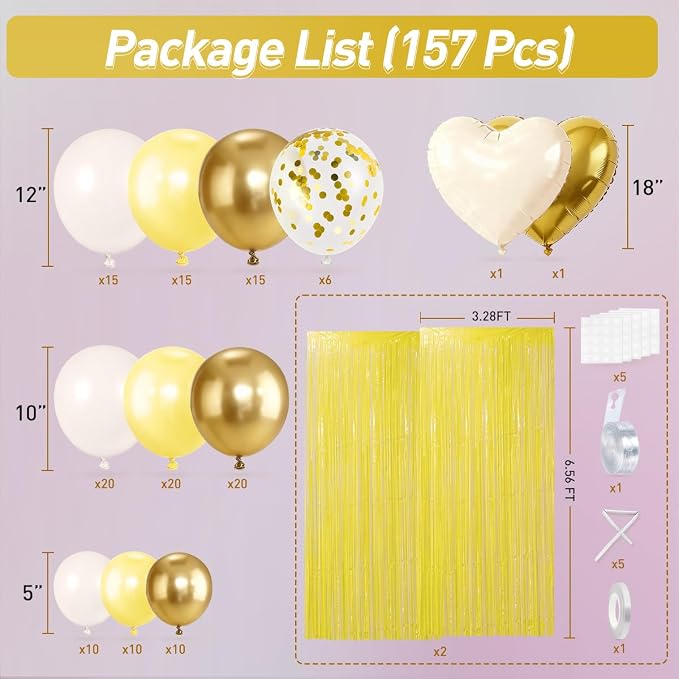157Pcs Pastel Yellow White and Gold Balloons Garland Arch Kit with Macaron Yellow Fringe Curtain for Baby Shower Birthday Wedding Gender Reveal Sunflower Honeybee Theme Party Decorations