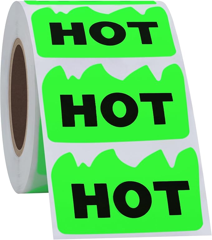 Hybsk 500pcs Rave Hot Stickers 2 x 1-1/5 Inch Fluorescent Hot Flame Fire Shape Labels Marking Items for Restauresent Supermarkets Stores Shops (Fluorescent Green)
