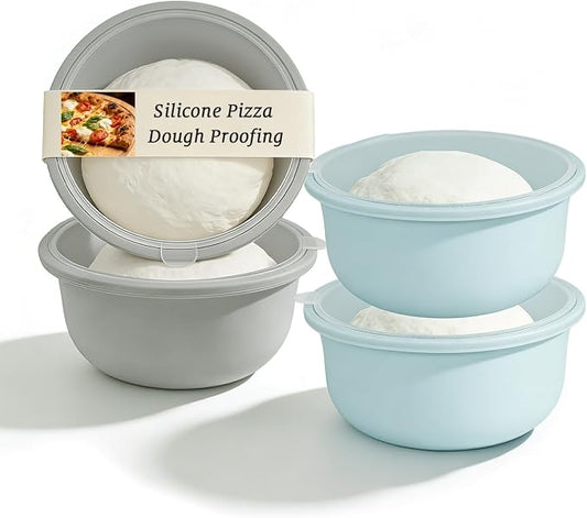 4Pcs Stackable Silicone Pizza Dough Proofing Proving Containers with Lids,Pizza Dough Proofing Box For Home Kitchen | Make 12" Pizzas 700ml(Grey+Blue)
