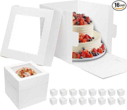 Mcfleet 16pcs Tall Cake Boxes 10x10x10 Bakery Boxes for Tier Cakes with Window 10 Inch White Large Cardboard Bakery Take Out Carrier Containers with Lids for Wedding, Birthday, Party