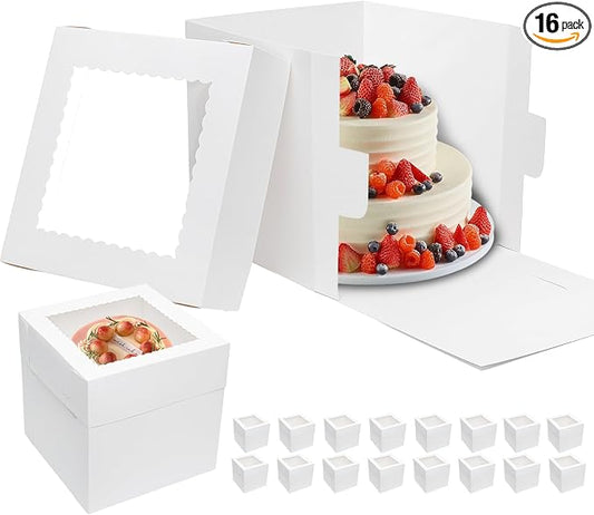 Mcfleet 16pcs Tall Cake Boxes 12x12x12 Bakery Boxes for Tier Cakes with Window 12 Inch White Large Cardboard Bakery Take Out Carrier Containers with Lids for Wedding, Birthday, Party