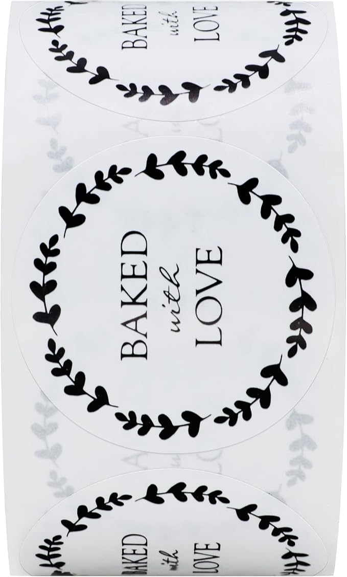 Hybsk Baked with Love Stickers with Wreath Around 1.5 Inch Round Total 500 Adhesive Labels Per Roll (Glossy Paper)