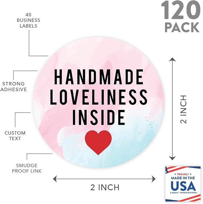 Andaz Press Round Small Business Sticker Labels, 120-Pack, Watercolor Handmade Loveliness Inside, Handmade Stickers for Packaging, Product Labels for Small Business, Business Thank You Stickers