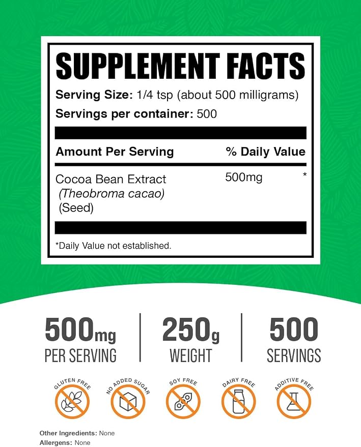 BulkSupplements.com Cocoa Bean Extract Powder - Cocoa Supplement - Unsweetened, Vegan & Gluten Free, 500mg per Serving, 250g (8.8 oz) (Pack of 1)