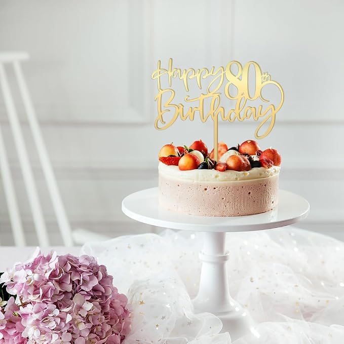 Happy 80th birthday cake Topper,Mirrored Gold Acrylic Durable Cake Topper,80th Birthday Party Cake Decorations,Hello 80th years old, Happy eighty years old, Birthday Party Decorations
