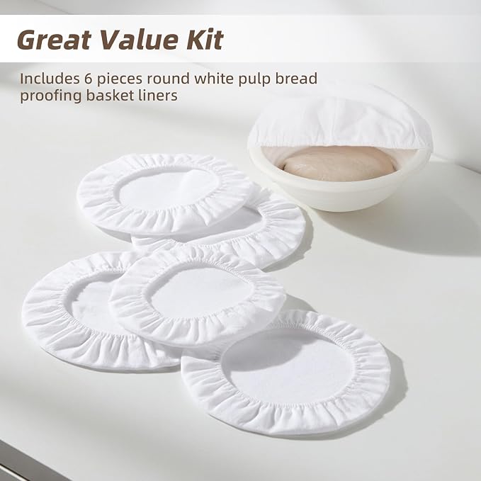 6-Pack Elastic Bread Proofing Basket Covers - Linen & Cotton Liners for 8/9/10inch Round Sourdough Bannetons, Non-Stick, Breathable Fermentation Cloth for Sourdough & Artisan Baking